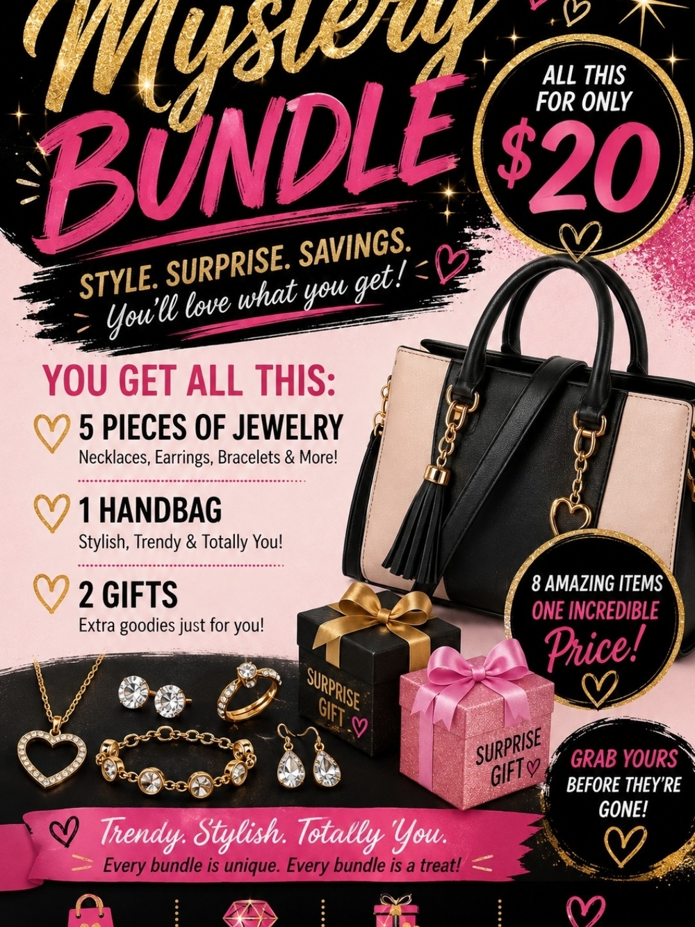 Mystery Jewelry Bundle for Women – Pink & Black Necklace and Bracelet Set